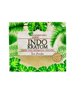 A 1 oz 28 gram bag of Remarkable Herbs Green Vein Indo Kratom Powder.