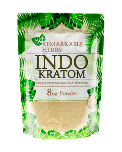 An 8 oz 225 gram bag of Remarkable Herbs Green Vein Indo Kratom Powder.