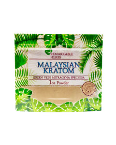 A 1 oz 28 gram bag of Remarkable Herbs Green Vein Malaysian Kratom Powder.