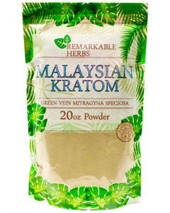 A 20 oz 567 gram bag of Remarkable Herbs Green Vein Malaysian Kratom Powder.