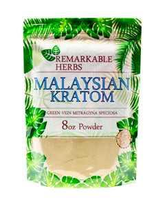 An 8 oz 225 gram bag of Remarkable Herbs Green Vein Malaysian Kratom Powder.