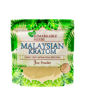 Load image into Gallery viewer, A 3 oz 85 gram bag of Remarkable Herbs Green Vein Malaysian Kratom Powder.
