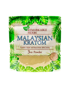 A 3 oz 85 gram bag of Remarkable Herbs Green Vein Malaysian Kratom Powder.