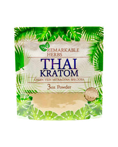 A 3 oz 85 gram bag of Remarkable Herbs Green Vein Thai Kratom Powder.