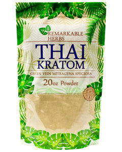 A 20 oz 267 gram bag of Remarkable Herbs Green Vein Thai Kratom Powder.