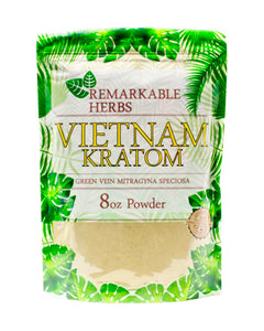 An 8 oz (225g) bag of Remarkable Herbs Green Vein Vietnam Kratom Powder.