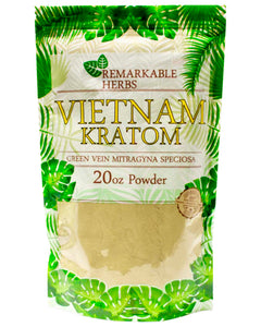 A 20 oz (567g) bag of Remarkable Herbs Green Vein Vietnam Kratom Powder.