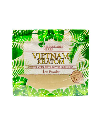 A 1 oz (28g) bag of Remarkable Herbs Green Vein Vietnam Kratom Powder.