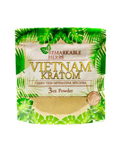 Load image into Gallery viewer, A 3 oz (85g) bag of Remarkable Herbs Green Vein Vietnam Kratom Powder.
