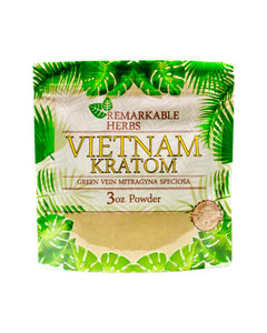 A 3 oz (85g) bag of Remarkable Herbs Green Vein Vietnam Kratom Powder.