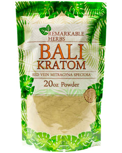 A 20 oz (567g) bag of Remarkable Herbs Red Vein Bali Kratom Powder.