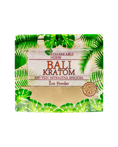 A 1 oz (28g) bag of Remarkable Herbs Red Vein Bali Kratom Powder.