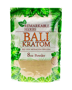 An 8 oz (225g) bag of Remarkable Herbs Red Vein Bali Kratom Powder.