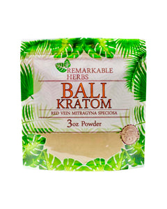 A 3 oz (85g) bag of Remarkable Herbs Red Vein Bali Kratom Powder.