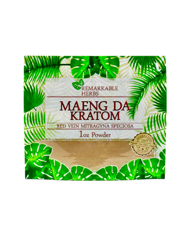 A 1 oz (28g) bag of Remarkable Herbs Red Vein Maeng Da Kratom Powder.