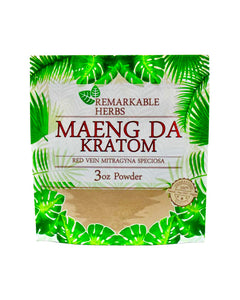 A 3 oz (85g) bag of Remarkable Herbs Red Vein Maeng Da Kratom Powder.