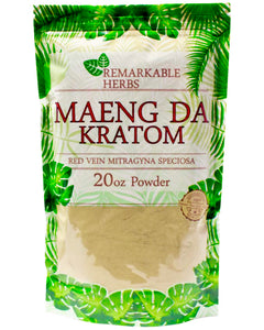 A 20 oz (567g) bag of Remarkable Herbs Red Vein Maeng Da Kratom Powder.