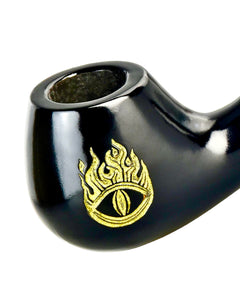 A closed up of the head design of a Shire Pipes Lord of the Rings Sauron Wood Smoking Pipe.