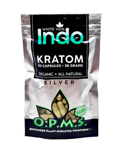 A 60 capsule (36 grams) bag of OPMS Silver White Vein Indo Kratom Capsules.