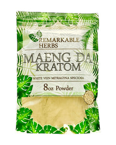 A 8oz bag of Remarkable Herbs White Vein Maeng Da Kratom Powder.