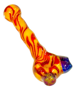 A red Inside Out Fumie Squiggle Hand Pipe handblown by TKO Glassworks.