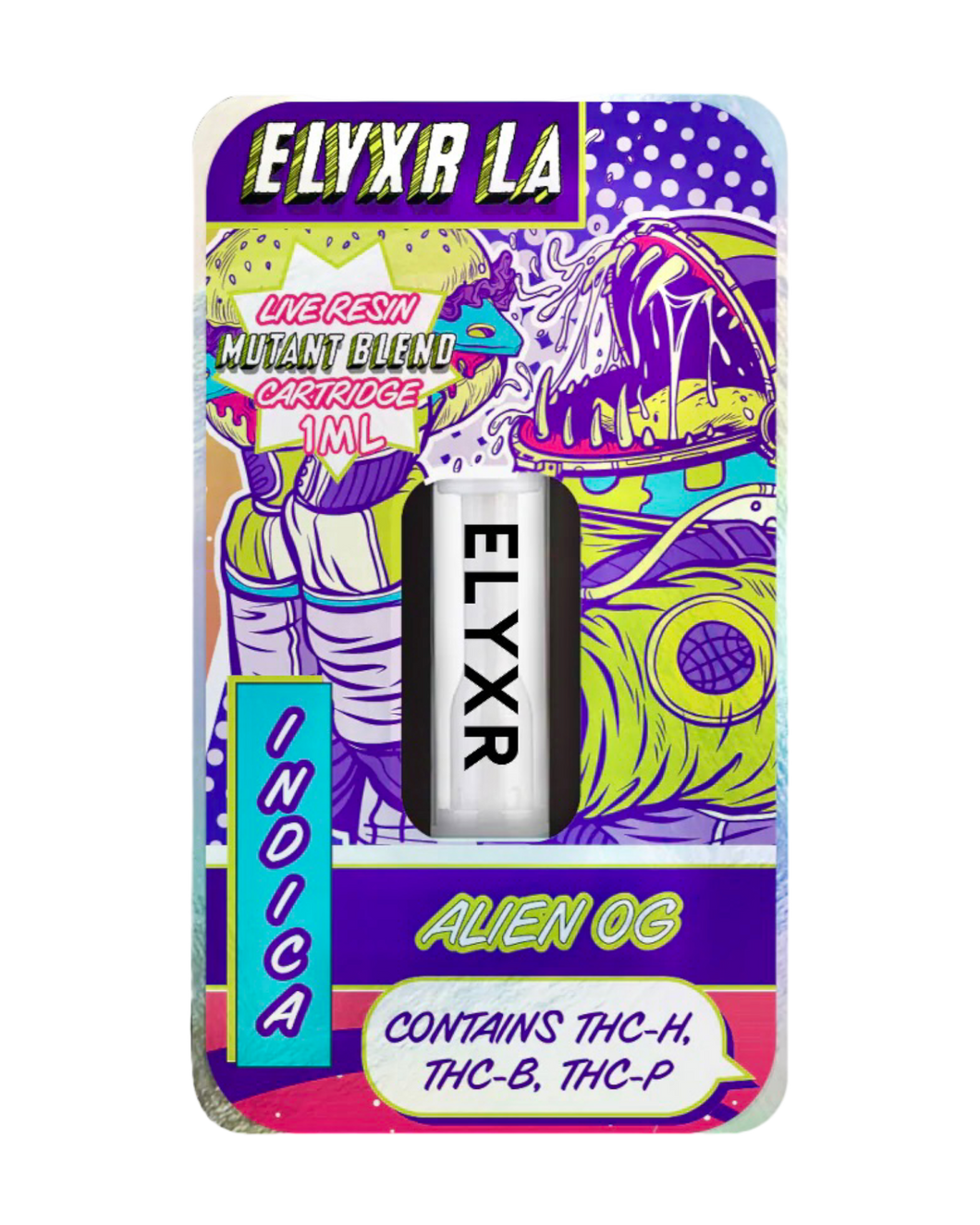 An Indica Alien OG Elyxr LA Live Resin Mutant Blend (THC-P, THC-B, THC-H) Cartridge (1 gram/1mL).