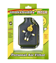 Load image into Gallery viewer, A black Smoke Buddy Mega Personal Air Filter inside it&#39;s package with included keychain.
