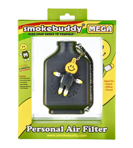 A black Smoke Buddy Mega Personal Air Filter inside it's package with included keychain.