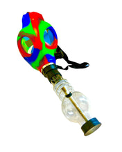 Load image into Gallery viewer, A blue, red, and green Gas Mask Bong with clear bong piece.

