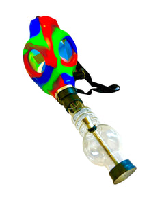 A blue, red, and green Gas Mask Bong with clear bong piece.