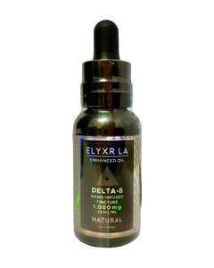 A bottle of Elyxr LA Delta 8 Tincture Oil (1gram/mL).