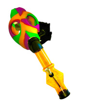Load image into Gallery viewer, A purple, gold, and green Gas Mask Bong with gold bong piece.
