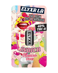 An Indica Strawberry Cream Elyxr LA Live Resin THC-A Cartridge (1 gram/1mL).