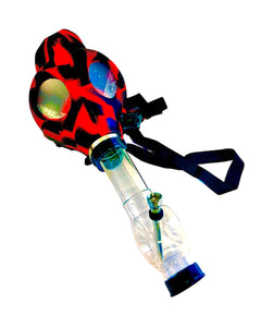 A black and red Gas Mask Bong with clear bong piece.