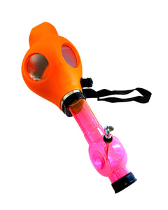 An orange Gas Mask Bong with pink bong piece.