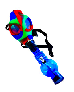A blue, red, and green Gas Mask Bong with blue bong piece.