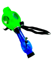 Load image into Gallery viewer, A green Gas Mask Bong with blue bong piece.
