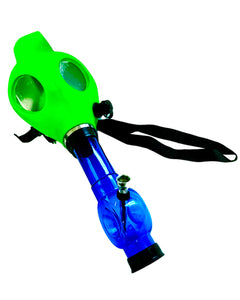 A green Gas Mask Bong with blue bong piece.