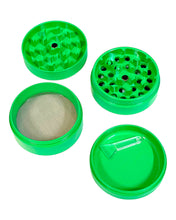 Load image into Gallery viewer, A green 50mm Smoq 4-Part Ceramic Coated Grinder deconstructed.
