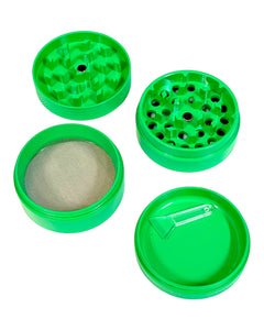 A green 50mm Smoq 4-Part Ceramic Coated Grinder deconstructed.