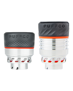 A Puffco Peak Pro 3D XL Chamber next to a Puffco Peak Pro 3D chamber.