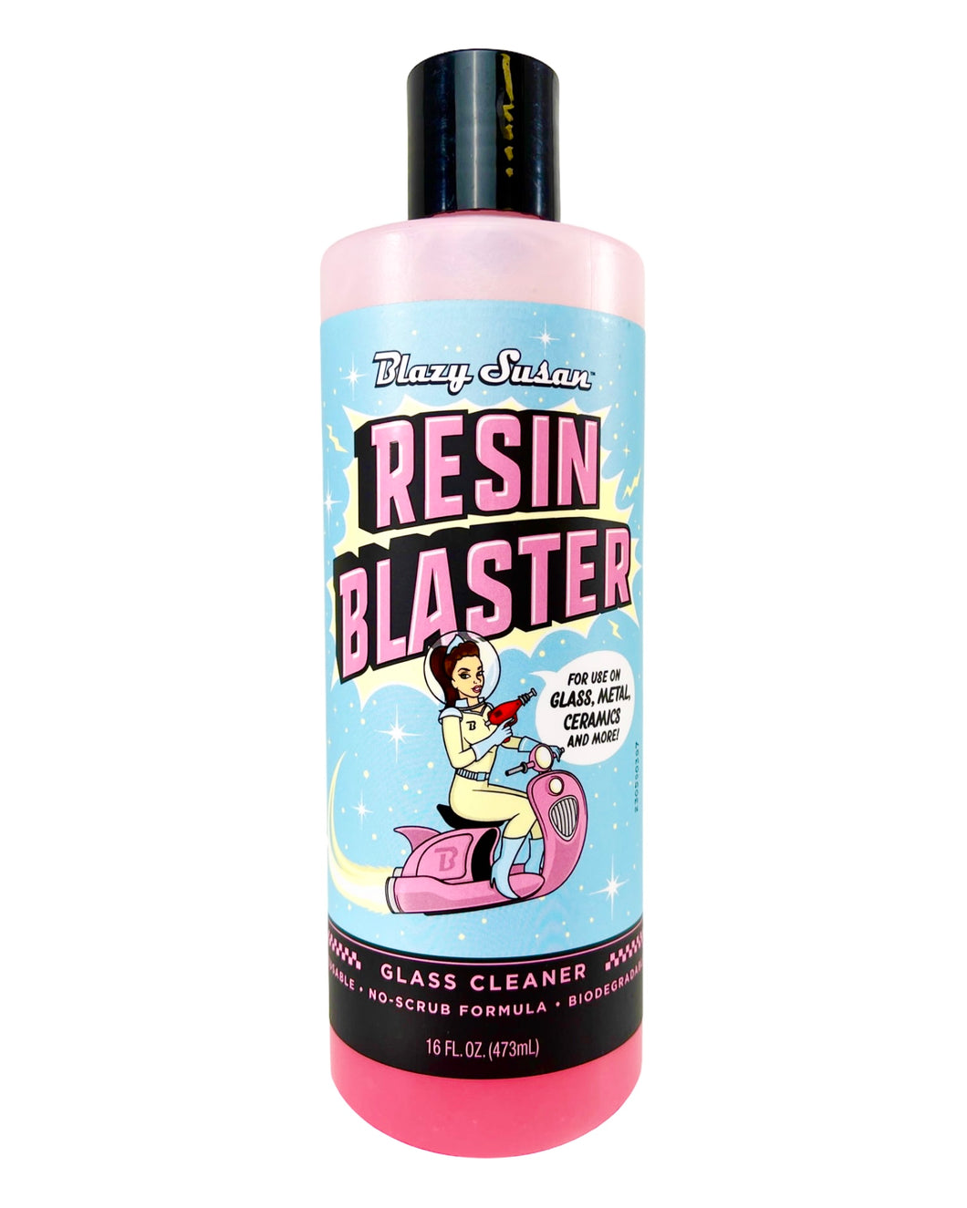 A 16oz bottle of Blazy Susan Resin Blaster Glass Cleaner.