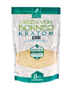 A 8 oz 225 gram bag of Whole Herbs Green Vein Borneo Kratom Powder.