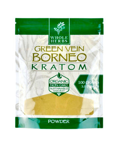 A 3.5 oz 100 gram bag of Whole Herbs Green Vein Borneo Kratom Powder.