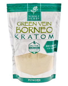 A 17.5 oz 500 gram bag of Whole Herbs Green Vein Borneo Kratom Powder.