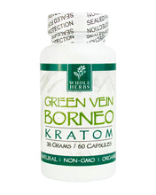 Load image into Gallery viewer, A 60 capsule (36g) container of Whole Herbs Green Vein Borneo Kratom Capsules.
