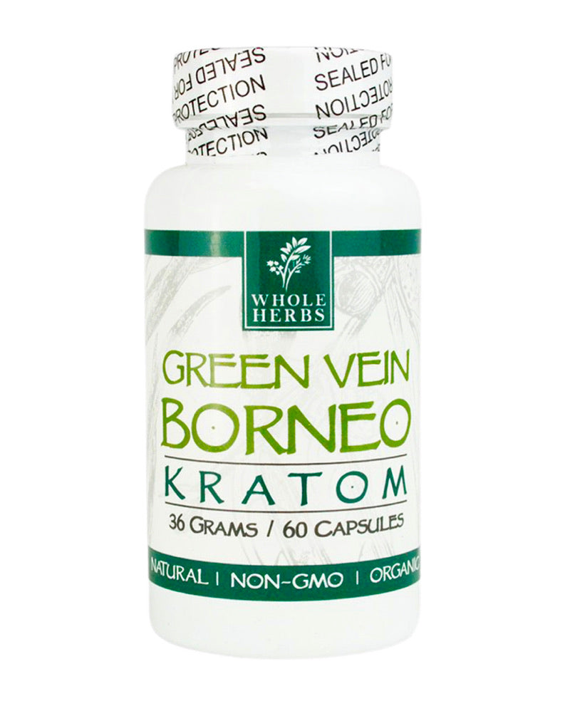 A 60 capsule (36g) container of Whole Herbs Green Vein Borneo Kratom Capsules.