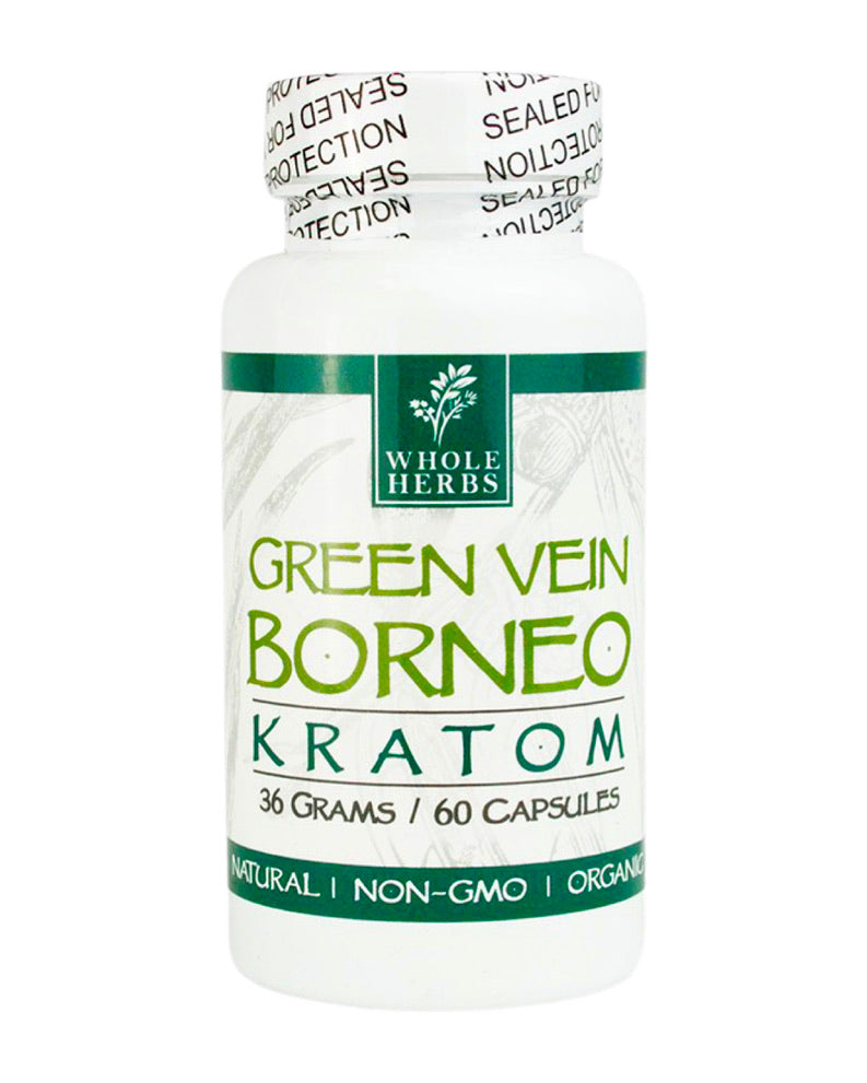 A 60 capsule (36g) container of Whole Herbs Green Vein Borneo Kratom Capsules.
