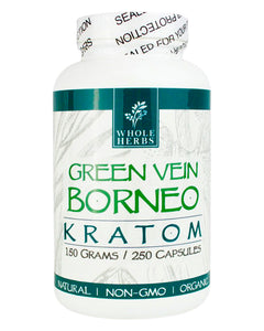 A 250 capsule (150g) container of Whole Herbs Green Vein Borneo Kratom Capsules.