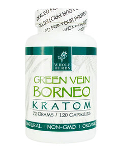 A 120 capsule (72g) container of Whole Herbs Green Vein Borneo Kratom Capsules.